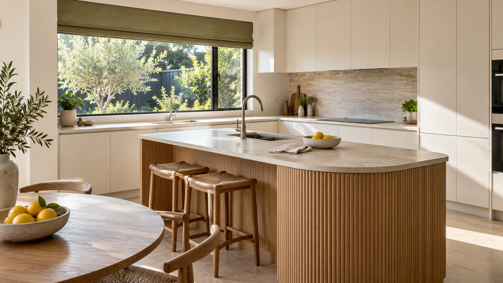 A bright kitchen with cream cabinetry, a timber island and a garden outlook.